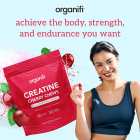 Gummies de créatine Organifi avec une vue de près sur les ingrédients