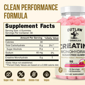 Gummies de créatine Outlaw Formulas avec étiquette et informations nutritionnelles
