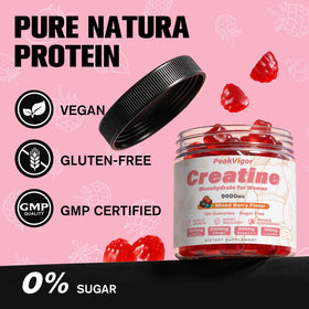 Gummies de créatine PeakVigor Organics sur une table avec un fond neutre