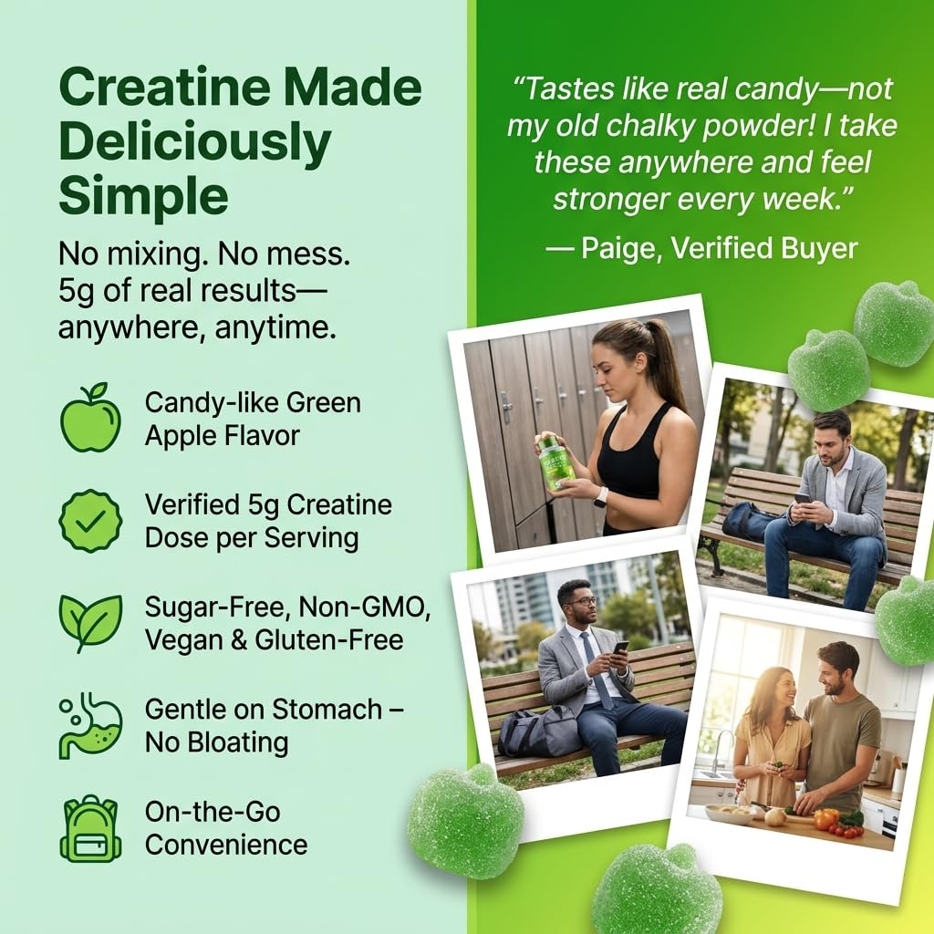 Gummies de créatine PLANT.O avec un verre d'eau