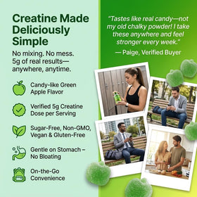 Gummies de créatine PLANT.O avec un verre d'eau