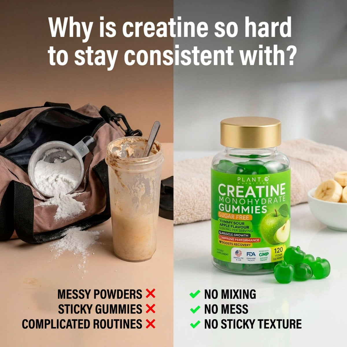 Gummies de créatine PLANT.O sur une table avec des haltères