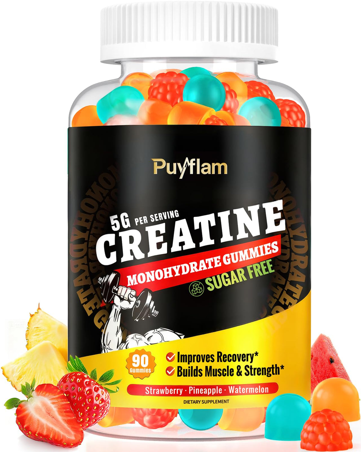 Gummies de créatine Puyflam sans sucre, 90 gélules, emballage avant