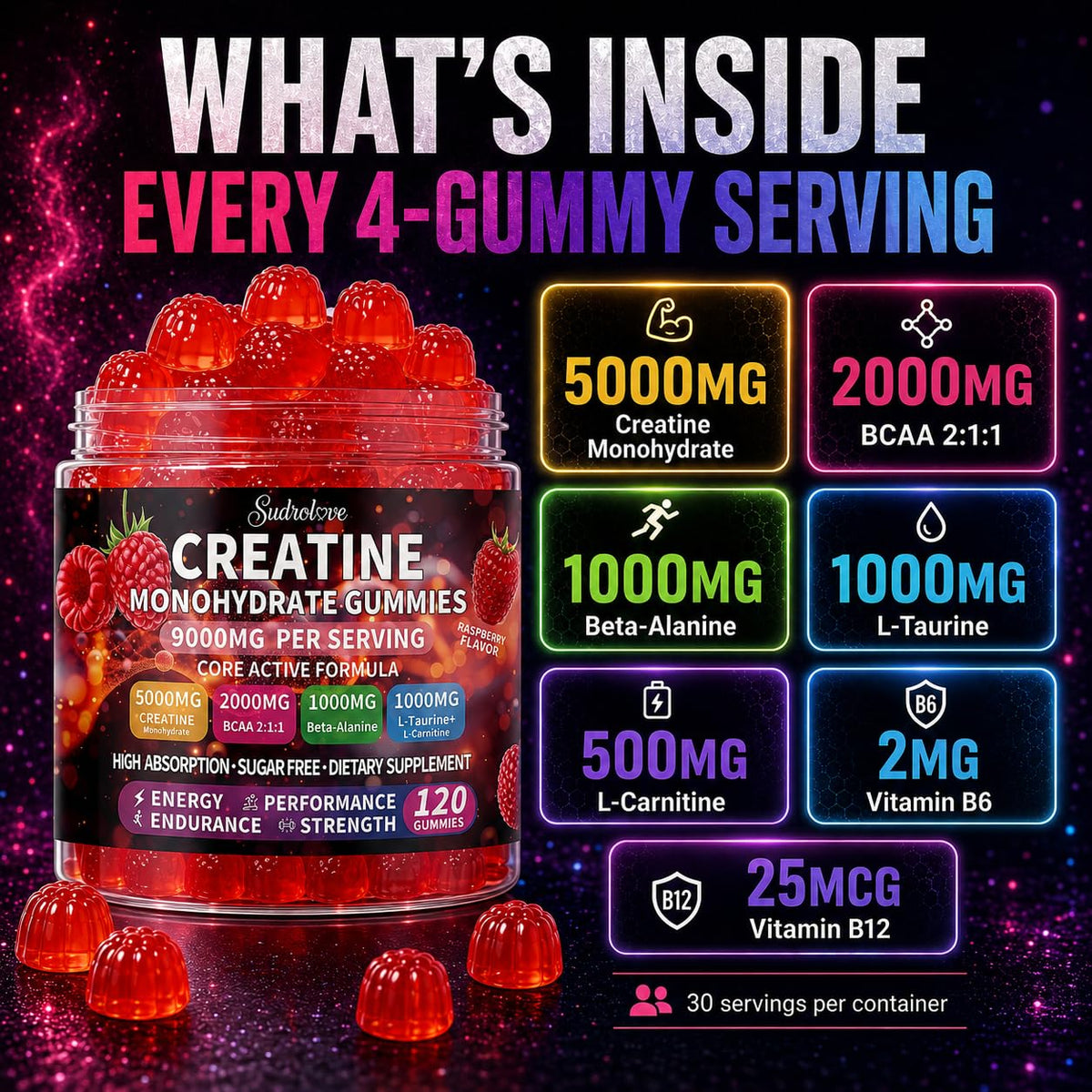 Gummies de créatine sudrolove avec goût framboise sur une table