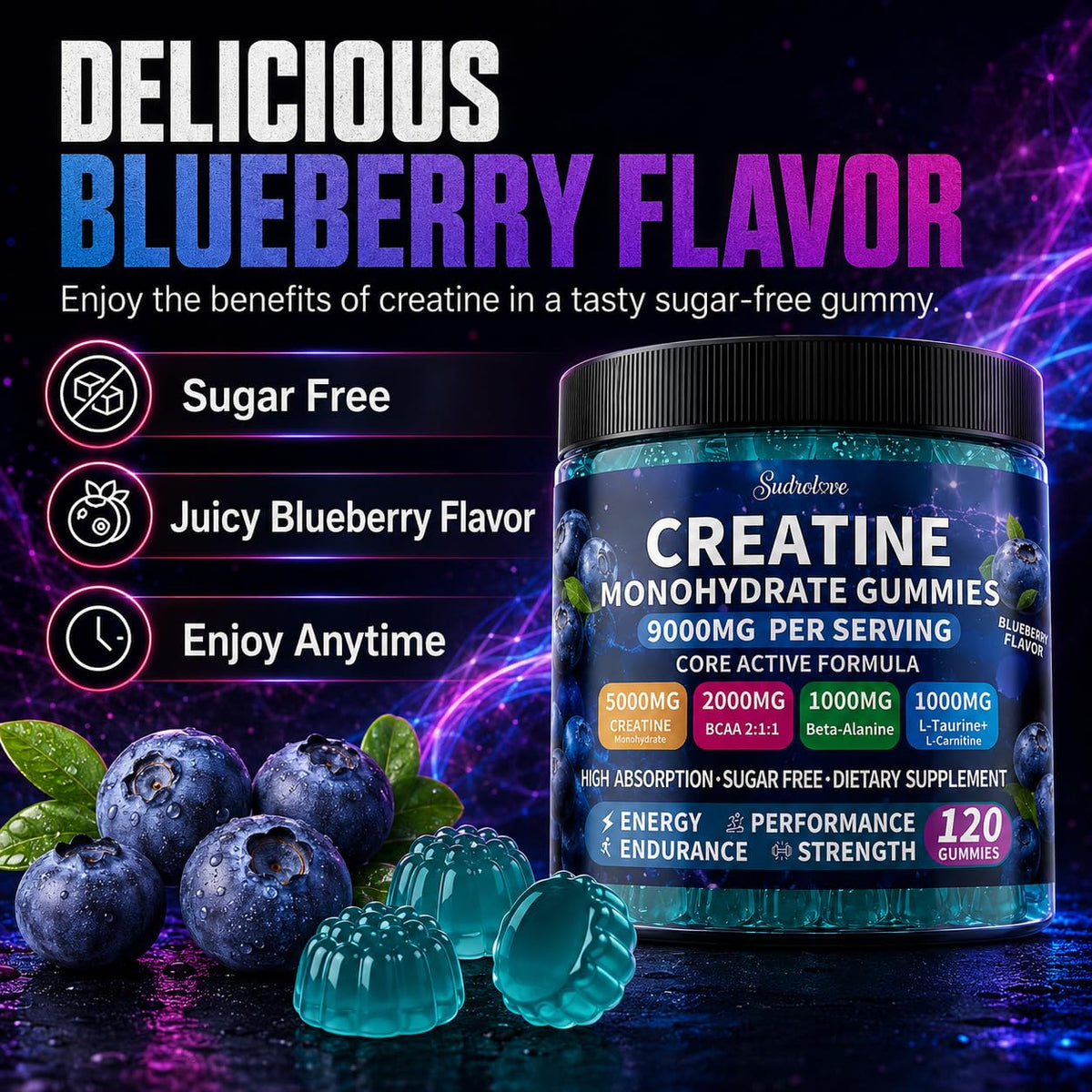 Gummies de créatine sudrolove avec une texture moelleuse
