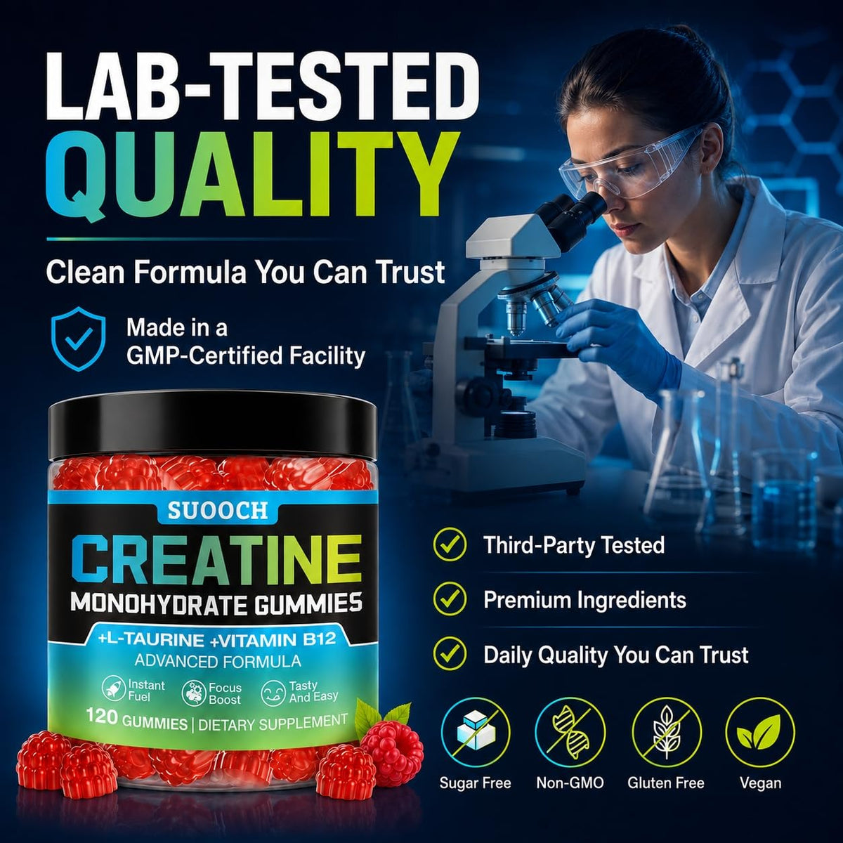 Gummies de créatine SUOOCH avec étiquette et informations nutritionnelles