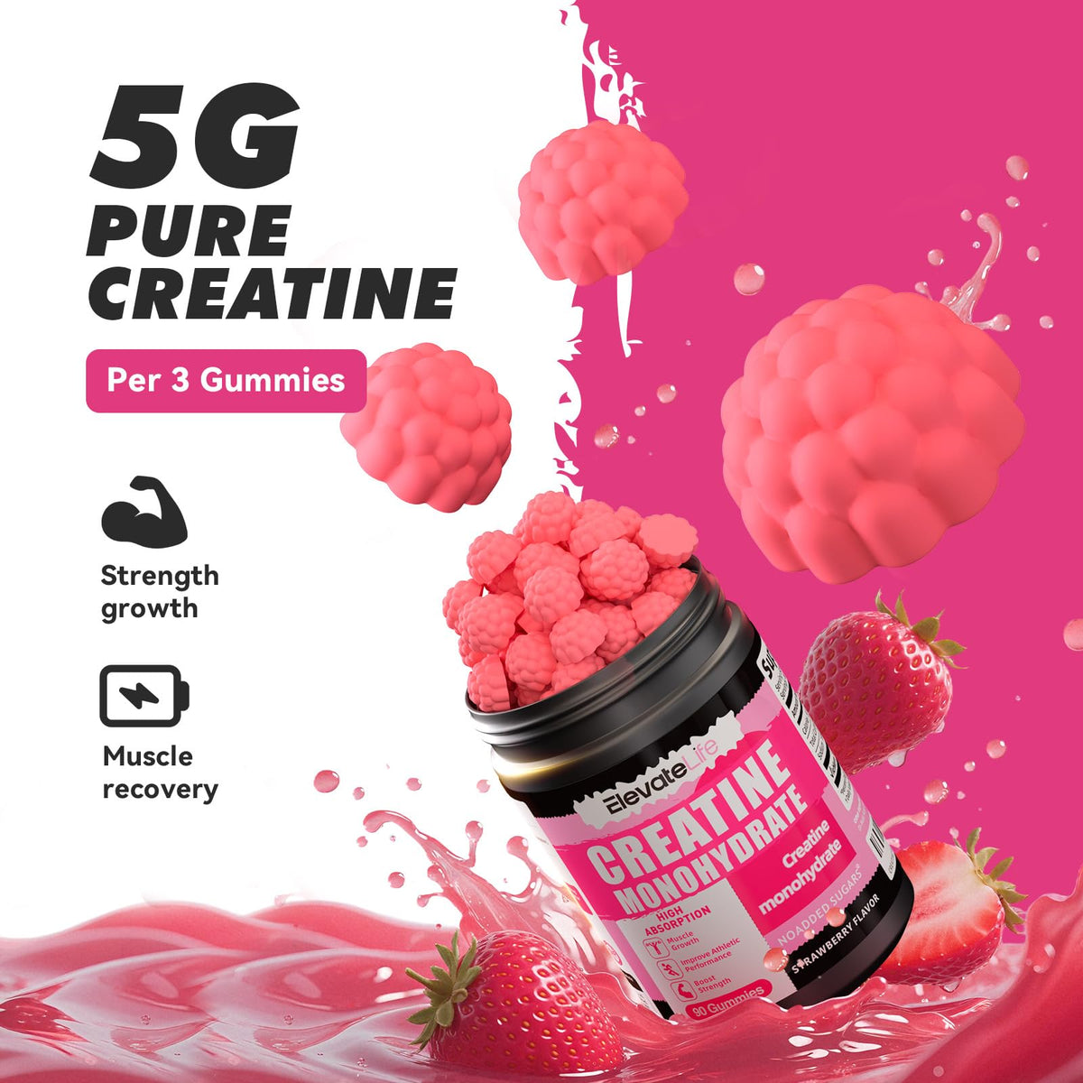 Gummies de créatine support, flacon et gummies sur un bureau