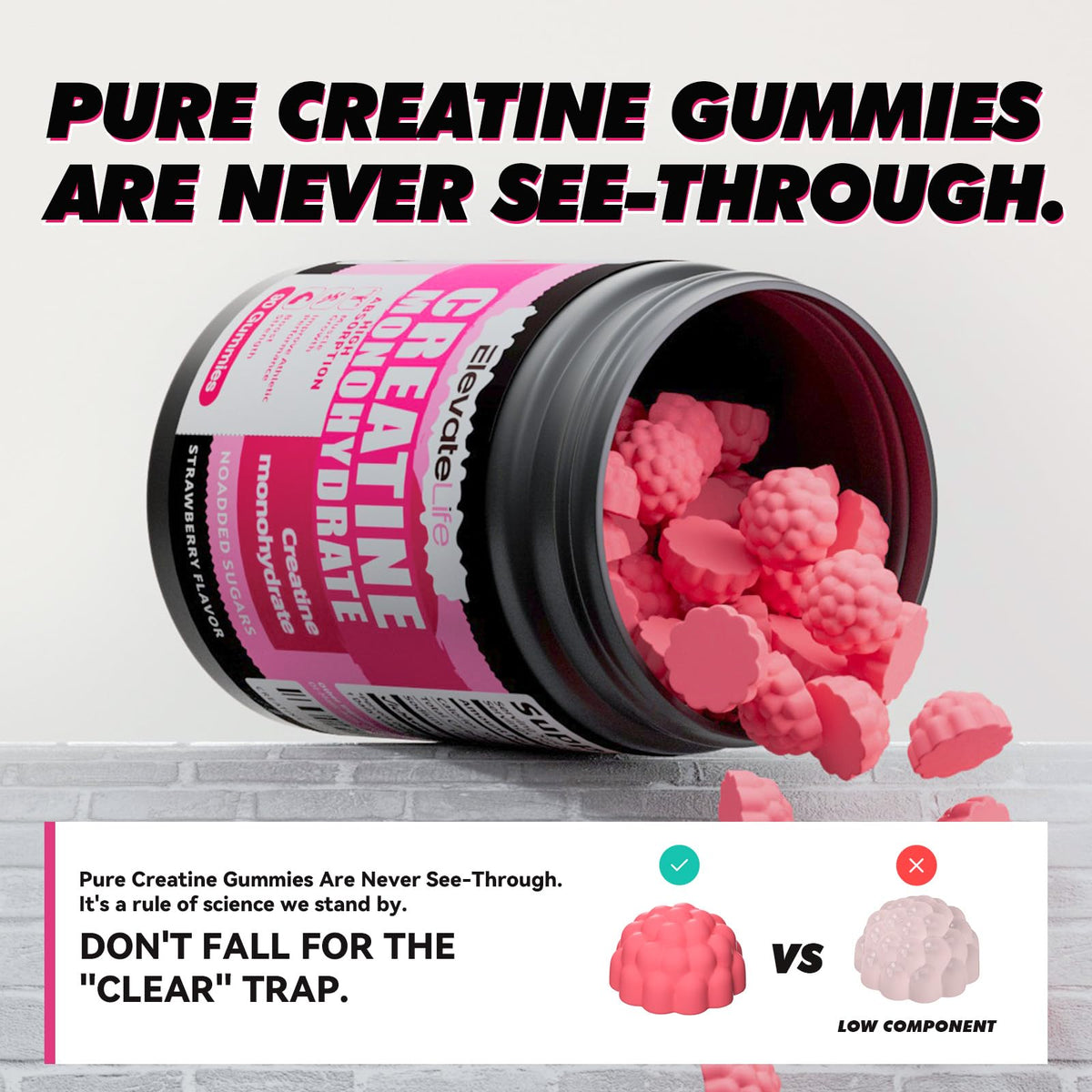 Gummies de créatine support sur une table, flacon ouvert