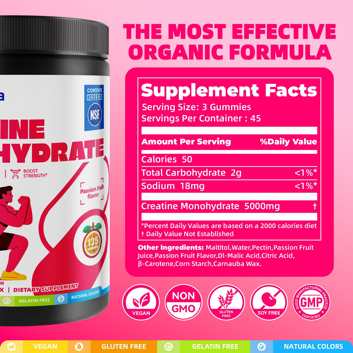 Gummies de créatine sur une table avec des accessoires de fitness en arrière-plan