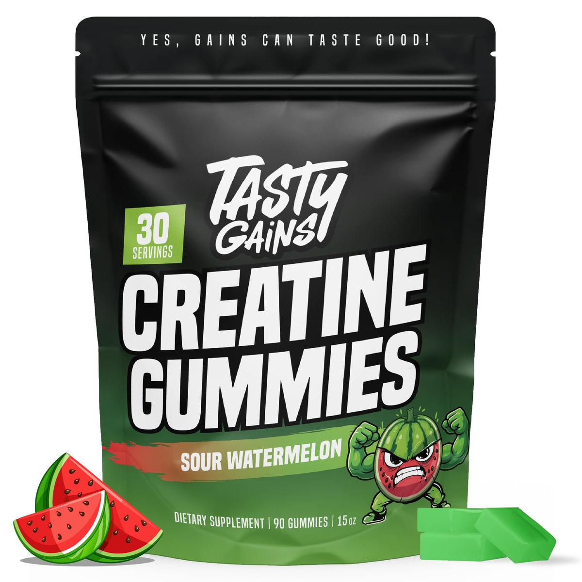 Gummies de Créatine TASTY GAINS 90g saveur pastèque acide, vue de face