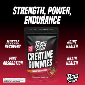 Gummies de Créatine TASTY GAINS à côté d'un verre d'eau