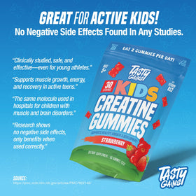 Gummies de créatine TASTY GAINS avec main d'enfant prenant un gummy