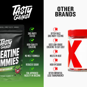Gummies de Créatine TASTY GAINS, bouteille ouverte avec gummies visibles