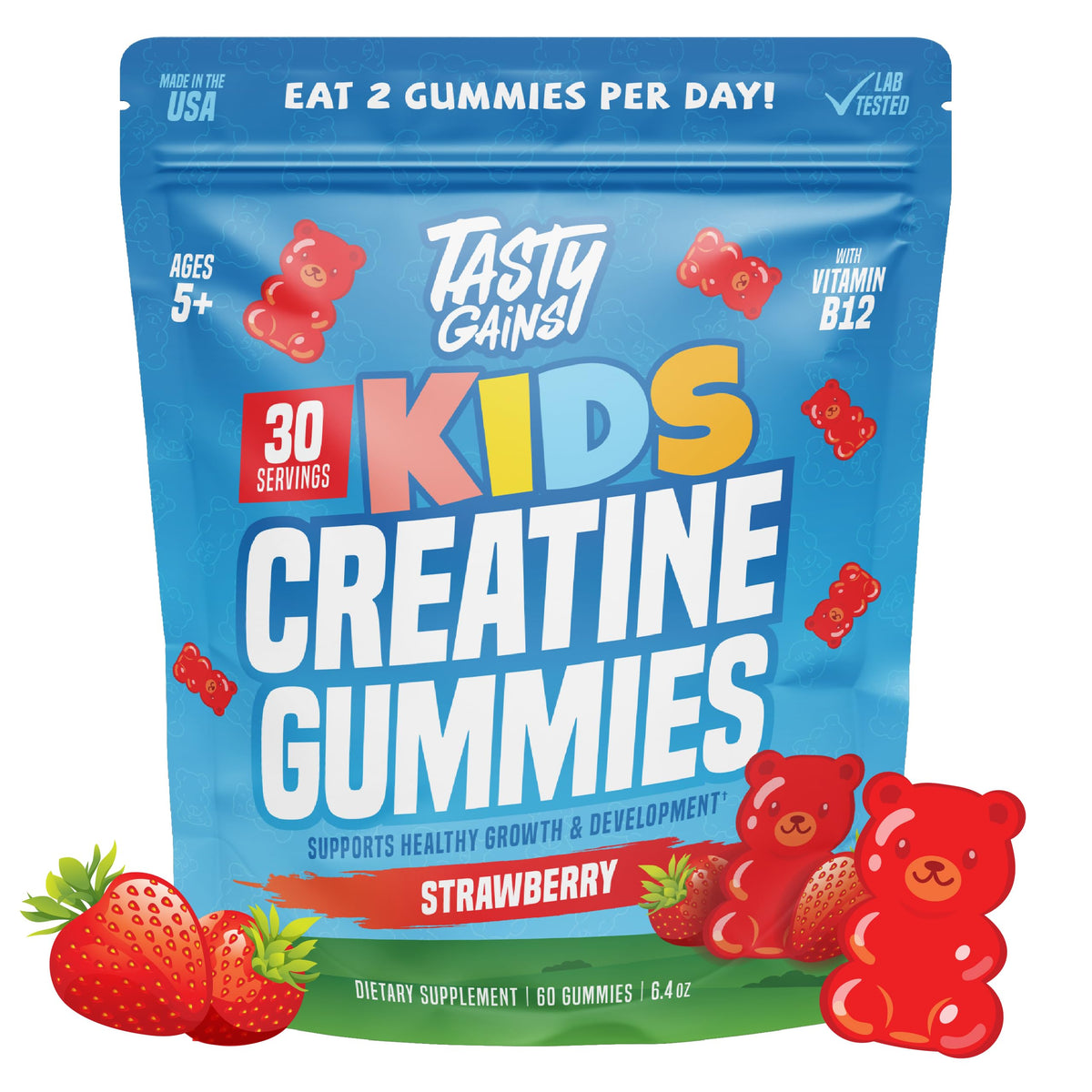Gummies de créatine TASTY GAINS front view avec emballage fraise
