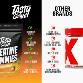 Gummies de créatine TASTY GAINS, présentation sur une table
