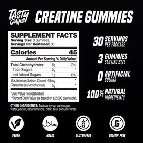 Gummies de Créatine TASTY GAINS, vue de l'arrière de l'emballage