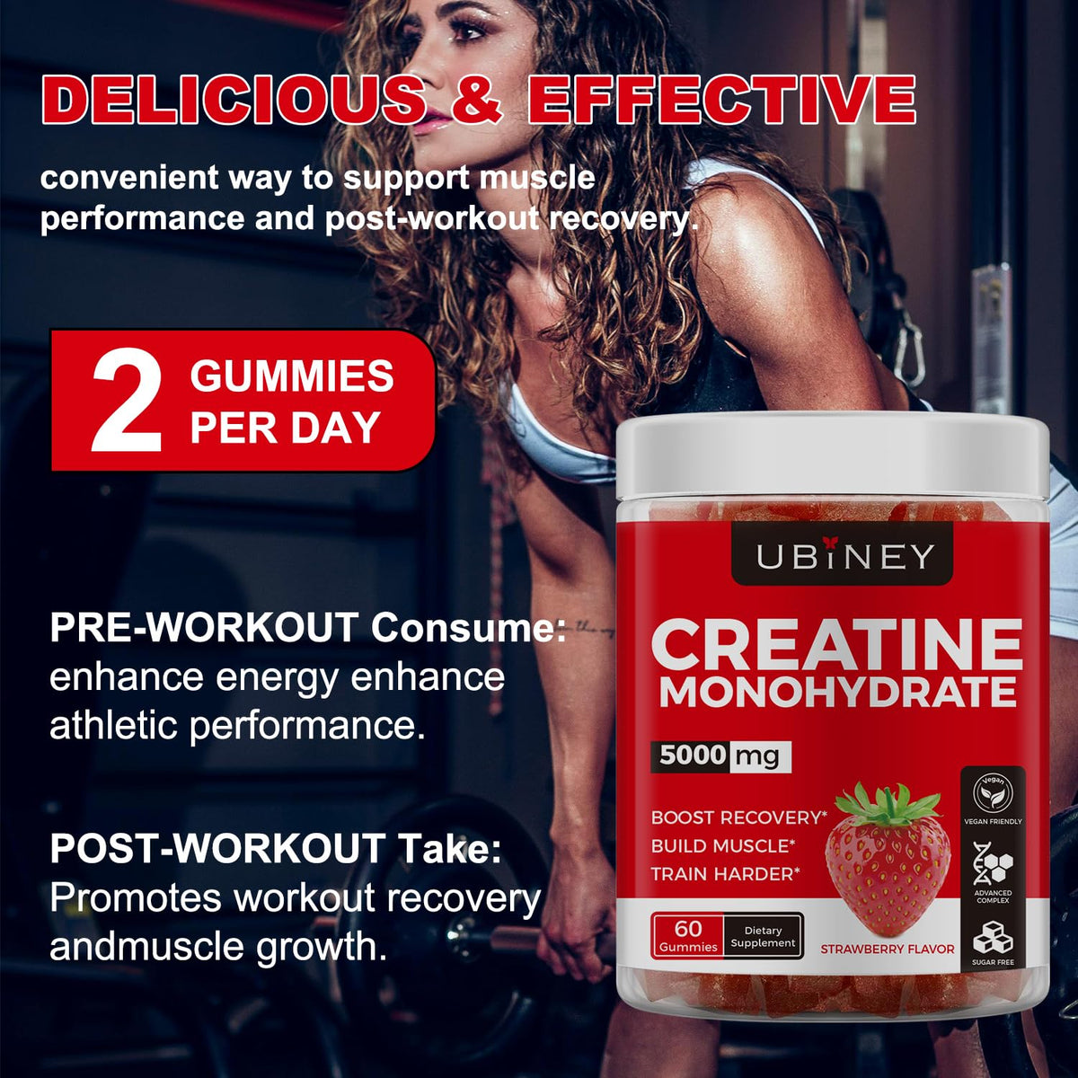 Gummies de créatine Ubiney, couleur fraise, en main
