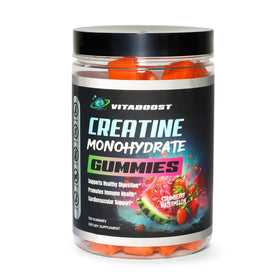 Gummies de créatine VitaBoost, mise en scène sur une table de sport