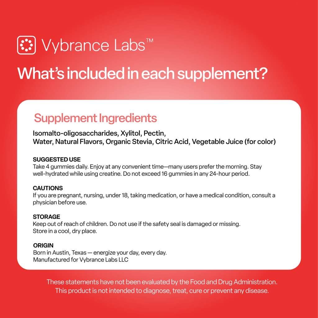 Gummies de créatine VYBRANCE LABS avec une portion de 5g sur une cuillère