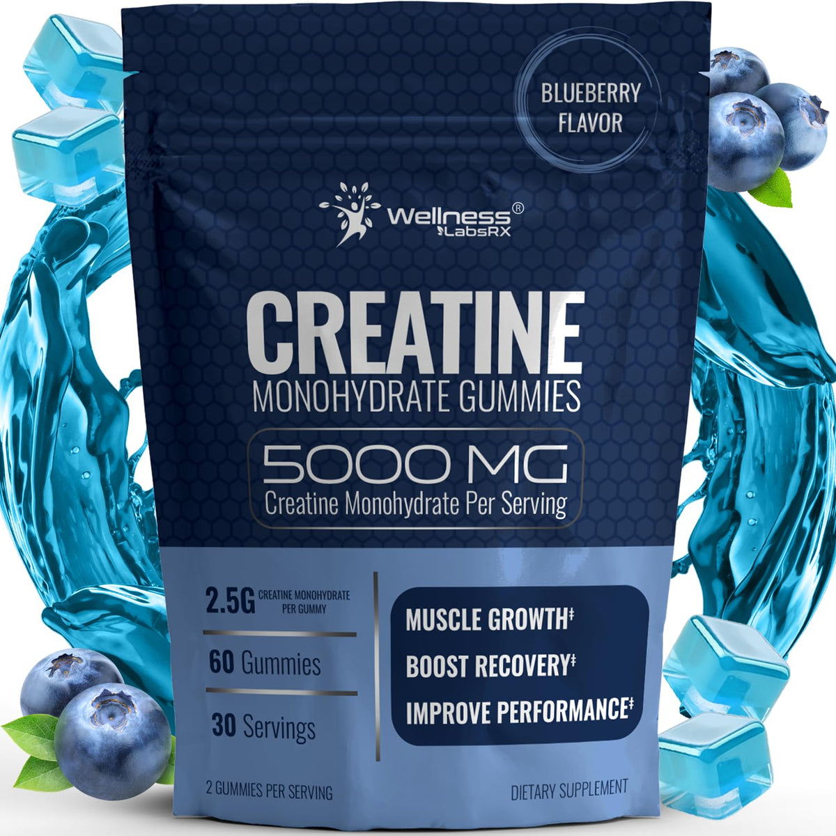 Gummies de créatine WELLNESS LABSRX saveur myrtille, vue de face