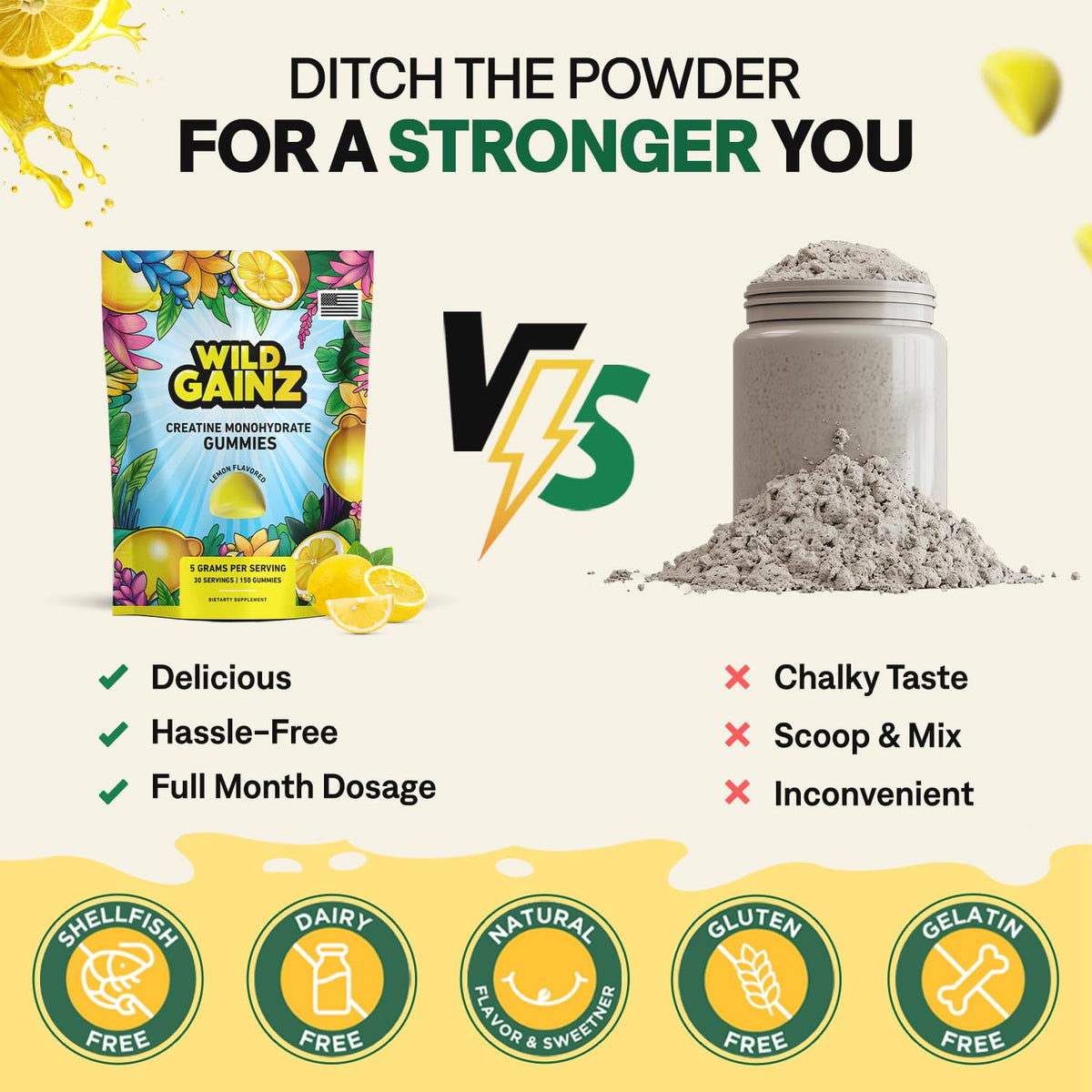 Gummies de créatine WILD GAINZ goût citron avec une main