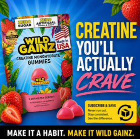 Gummies de Créatine WILD GAINZ présentés avec des fraises fraîches