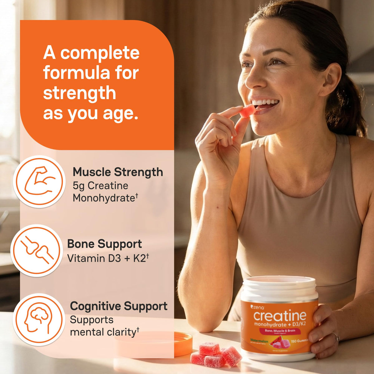 Gummies de Créatine Zena Nutrition avec une main tenant un gummy
