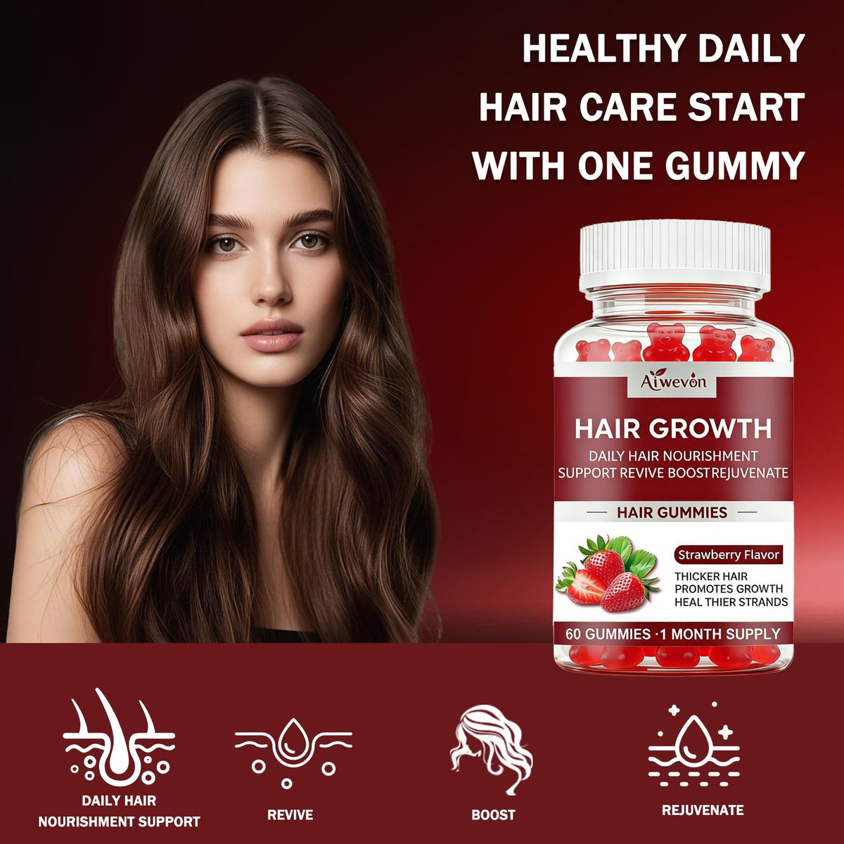 Gummies de croissance capillaire Aiwevon, vue de face avec étiquette