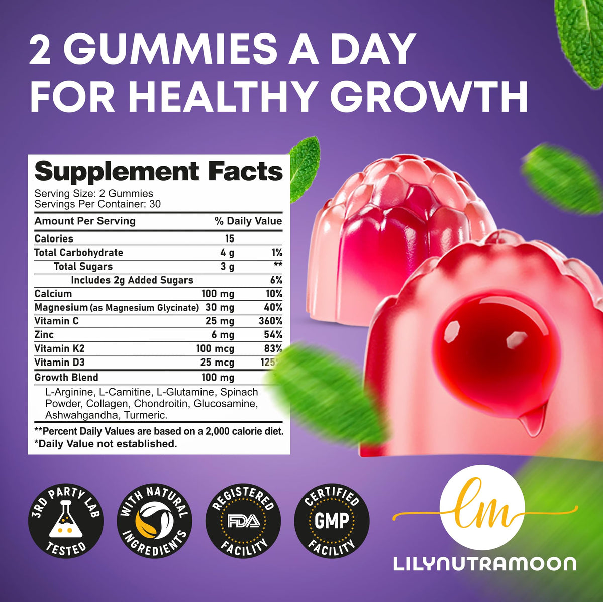Gummies de croissance en hauteur avec des ingrédients naturels en arrière-plan