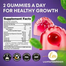 Gummies de croissance en hauteur avec des ingrédients naturels en arrière-plan