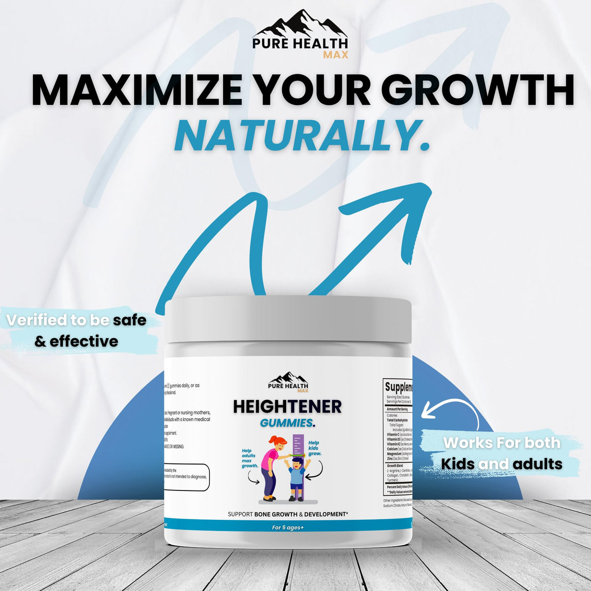 Gummies de Croissance PURE HEALTH MAX, détail des nutriments, étiquette