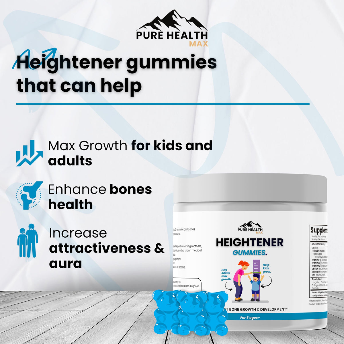 Gummies de Croissance PURE HEALTH MAX, ingrédients naturels, vue de côté