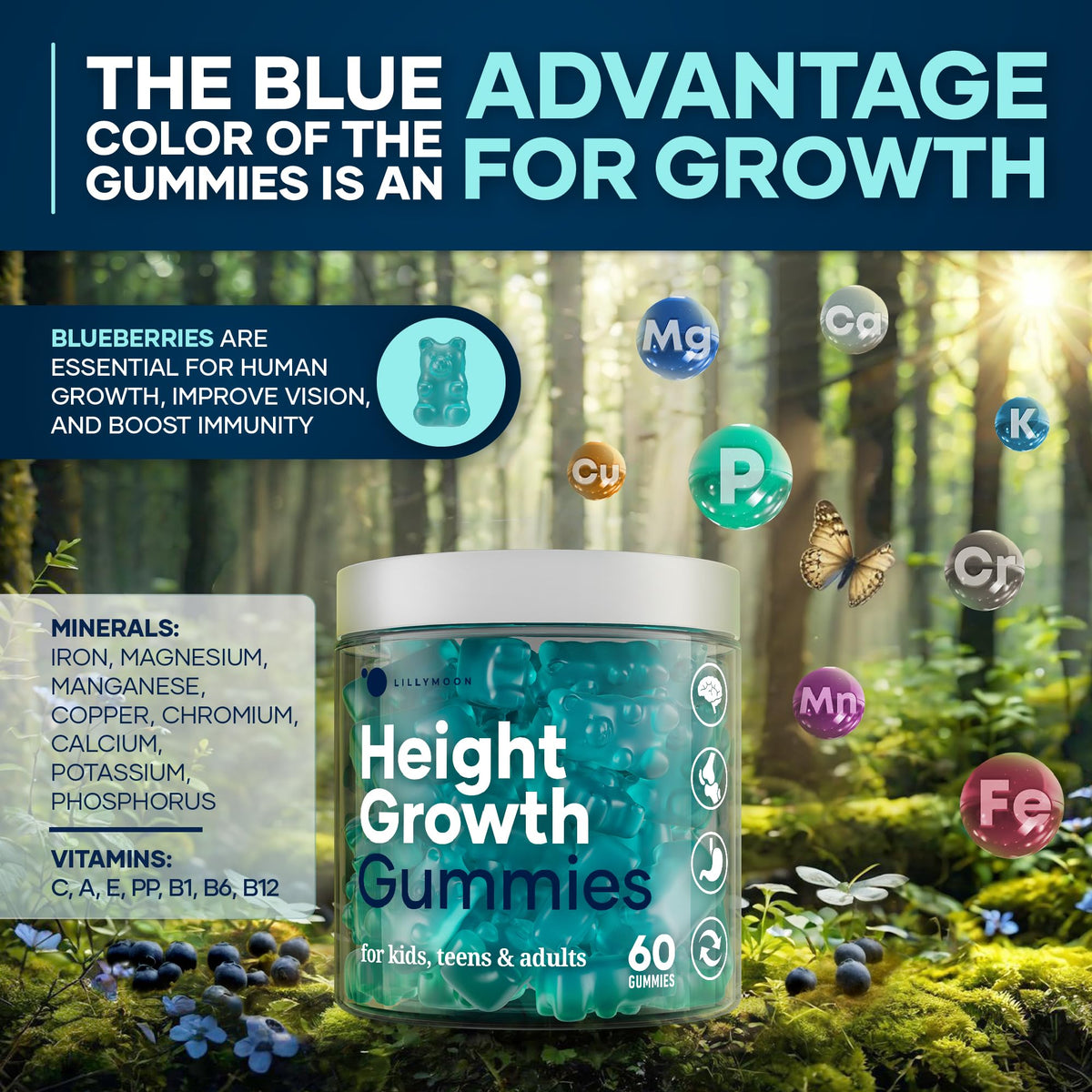 Gummies de croissance sur une table avec un verre d'eau