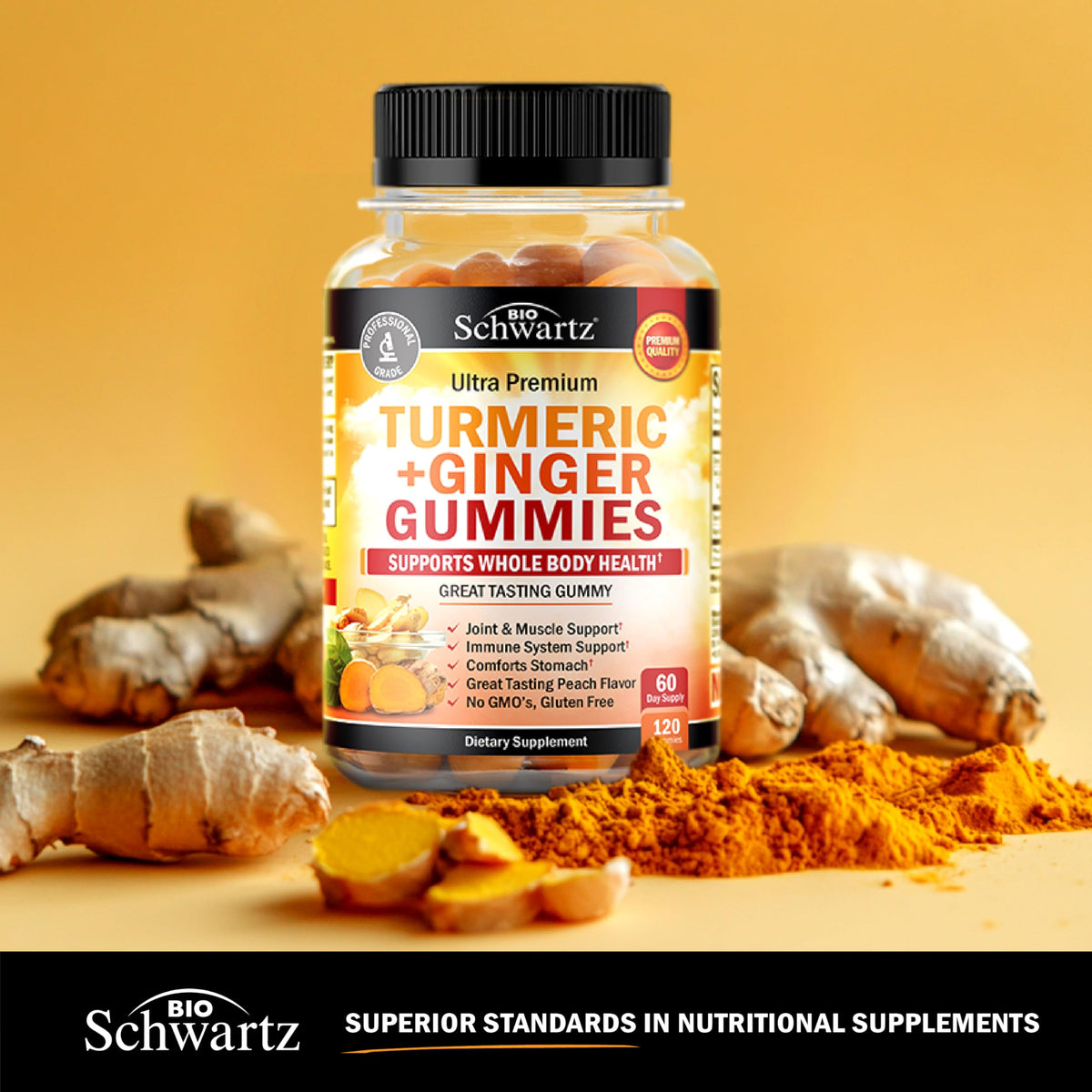 Gummies de Curcuma et Gingembre BioSchwartz, présentation sur une table