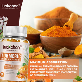 Gummies de curcuma et gingembre LUCKCHAN sur une table avec des fruits