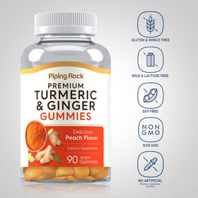 Gummies de Curcuma et Gingembre Piping Rock sur une table, mise en scène