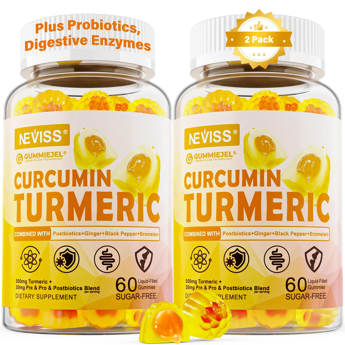 Gummies de Curcuma NEVISS 550mg avec Gingembre et Poivre Noir, vue de face