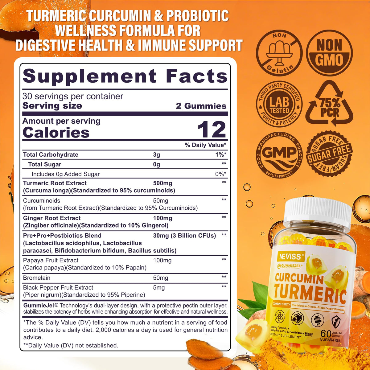 Gummies de Curcuma NEVISS, arrière de l'emballage avec informations nutritionnelles