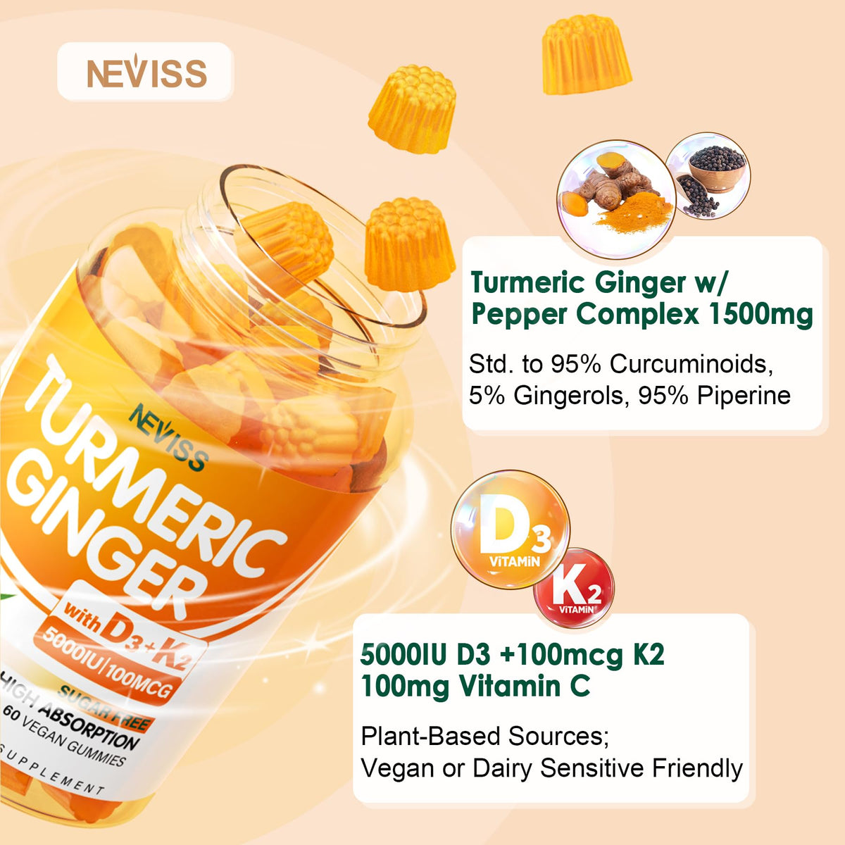 Gummies de curcuma NEVISS, présentation avec des fruits naturels