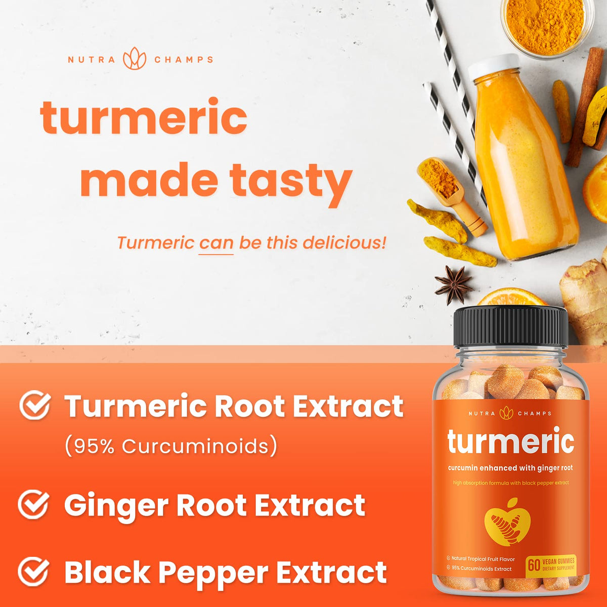Gummies de curcuma NutraChamps affichés sur une table en bois