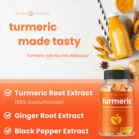 Gummies de curcuma NutraChamps affichés sur une table en bois