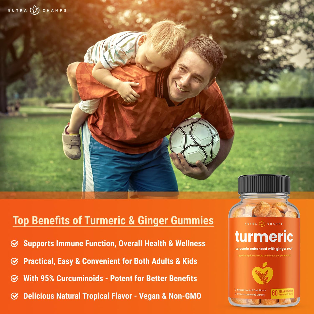 Gummies de curcuma NutraChamps avec un fond de fruits tropicaux