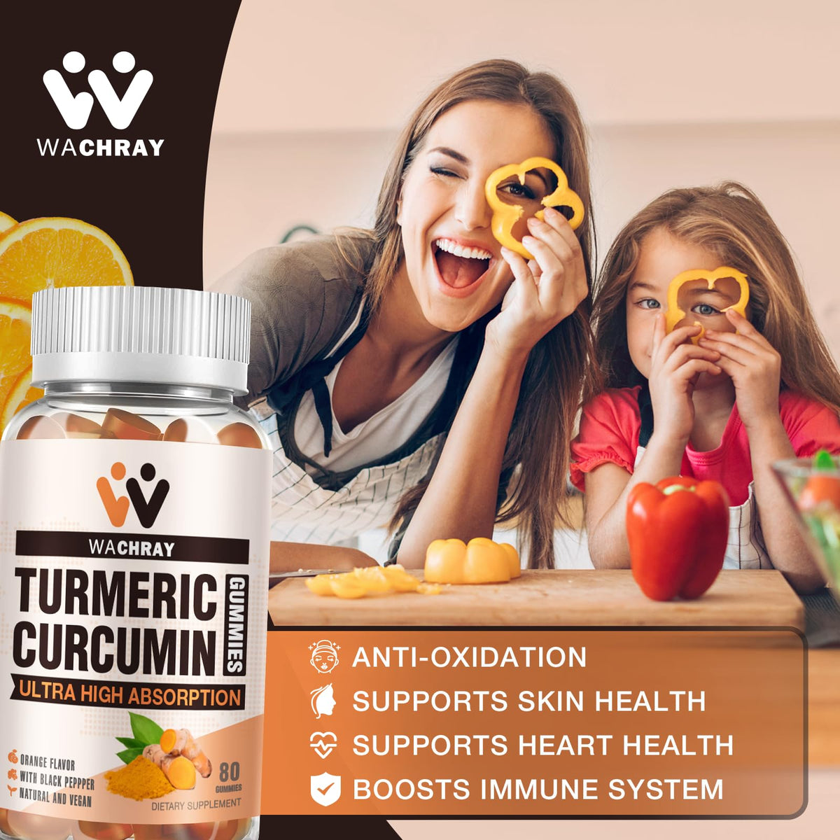 Gummies de curcuma WACHRAY sur une table en bois