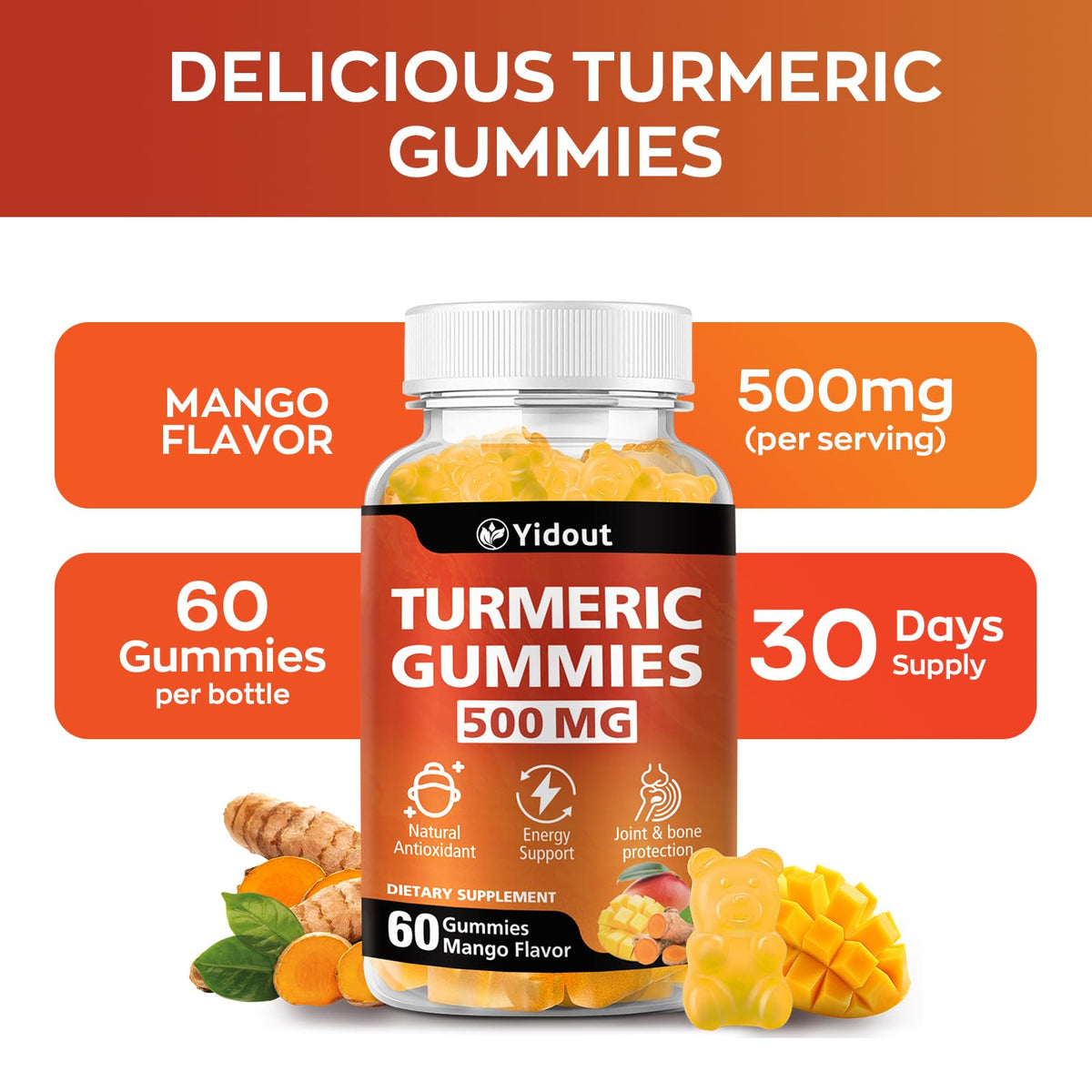 Gummies de Curcuma Yidout avec fruits frais en arrière-plan
