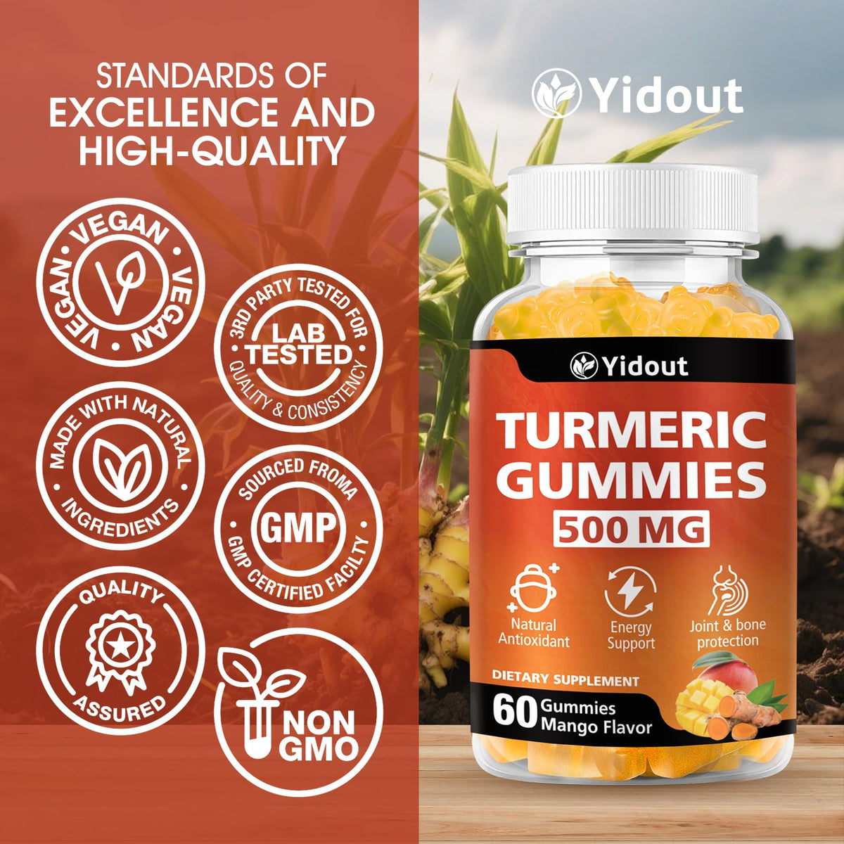 Gummies de Curcuma Yidout sur une table - présentation