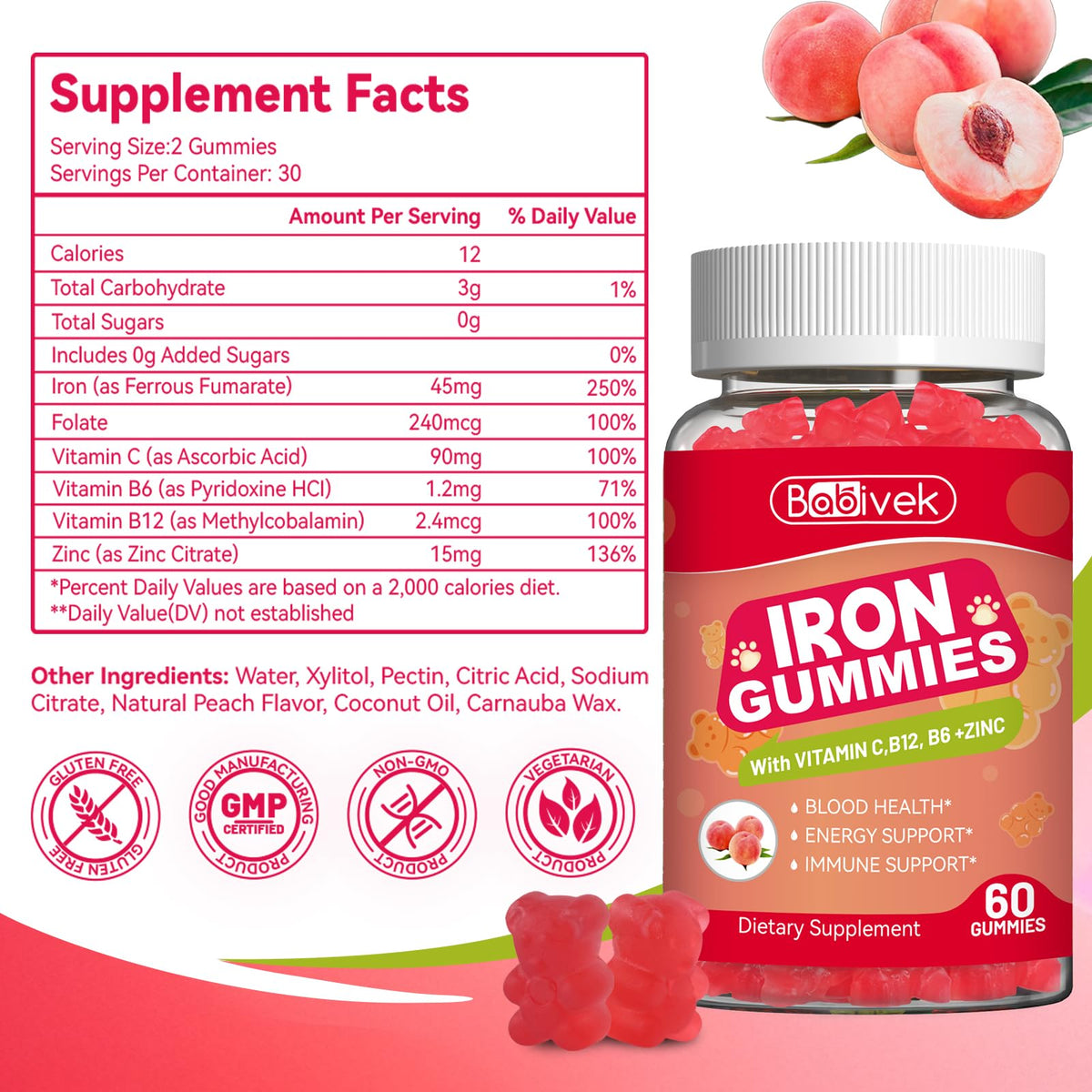 Gummies de fer Babivek, flacon posé sur une surface avec des fruits