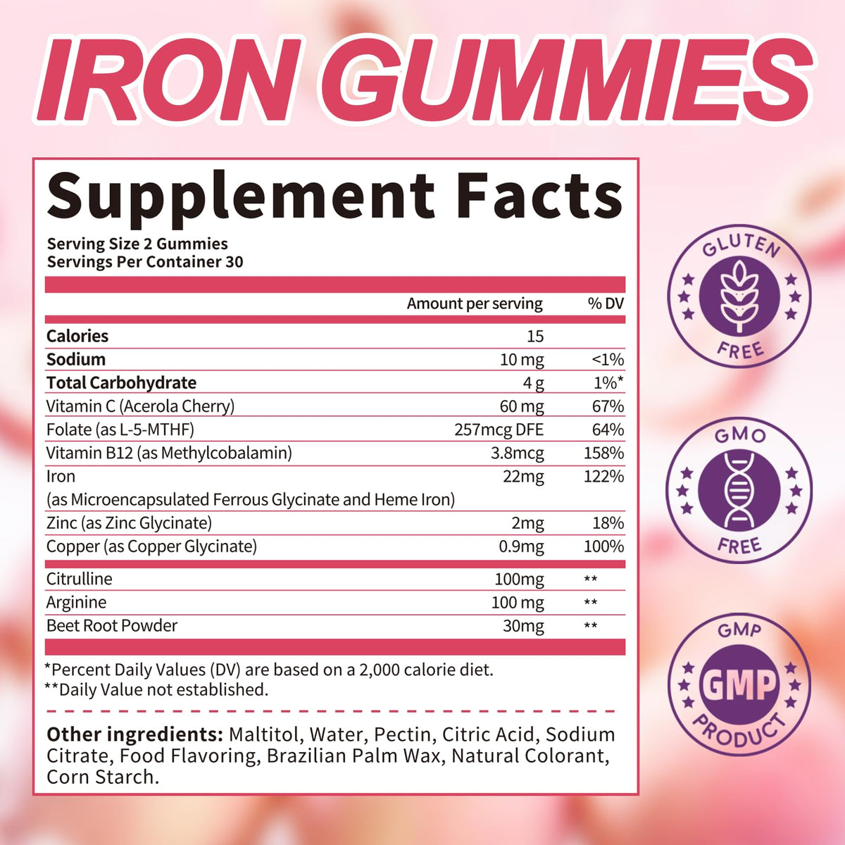 Gummies de fer BBEEAAUU montrant la texture et la couleur