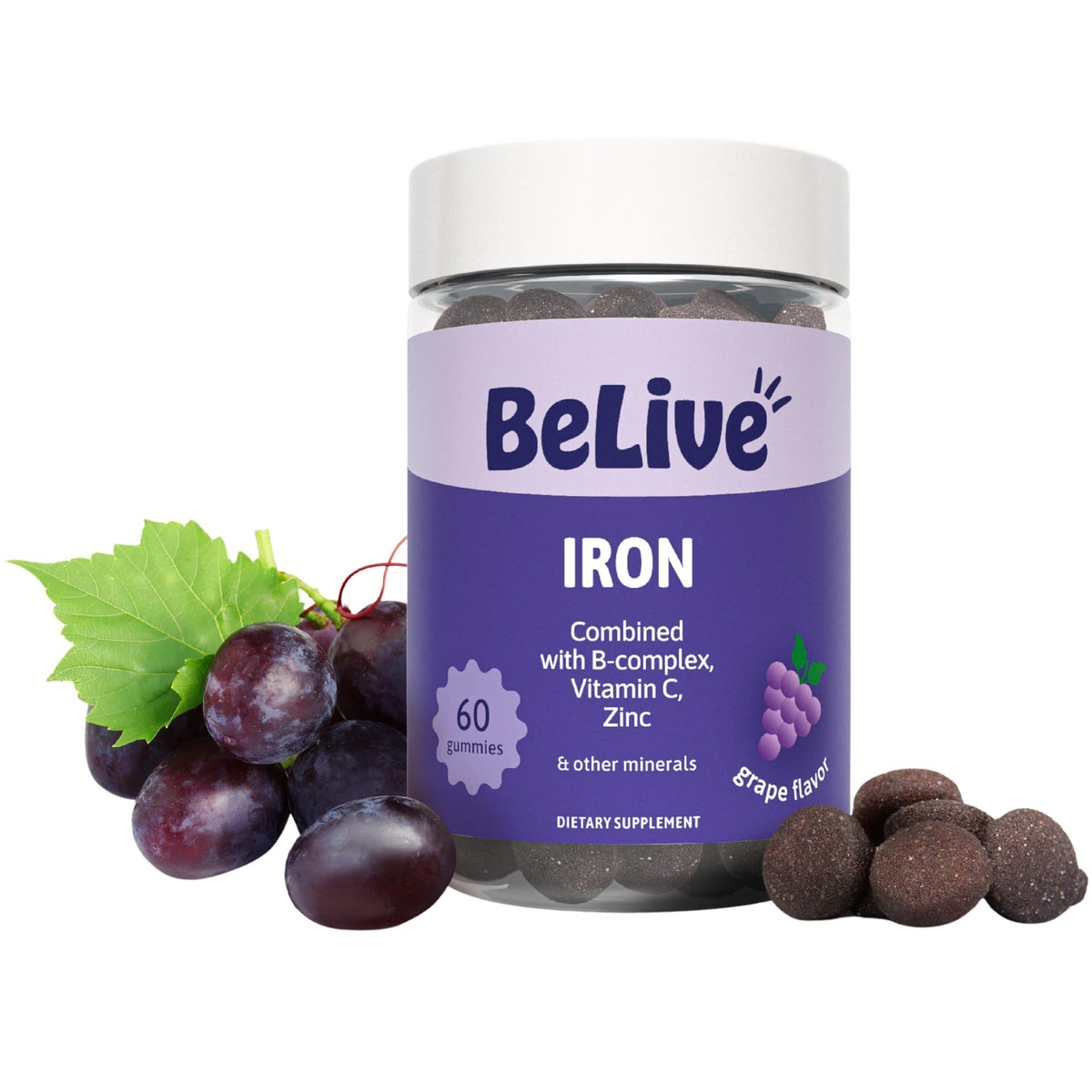 Gummies de fer BeLive, 60 Ct, vue avant avec emballage