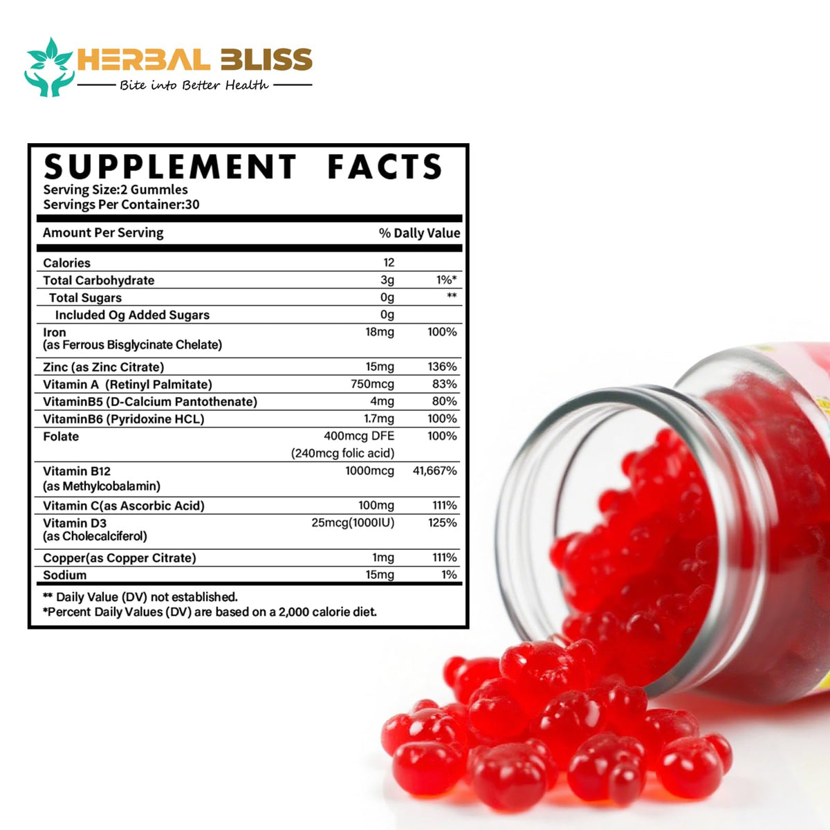 Gummies de Fer Bisglycinate Herbal Bliss 222g, prise en main