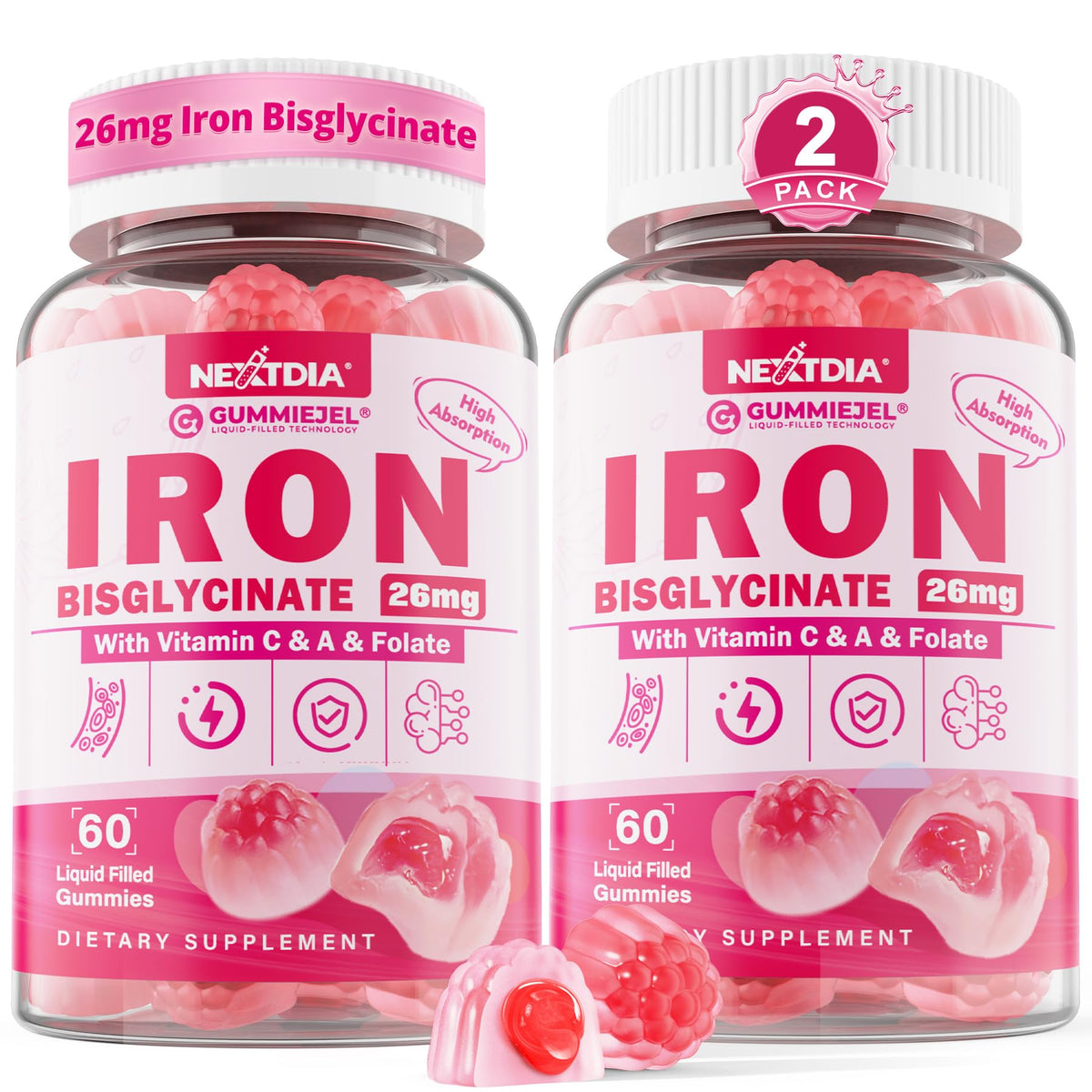 Gummies de fer bisglycinate Nextdia en vue de face avec emballage
